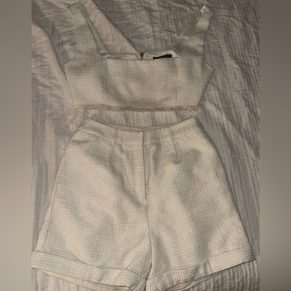 Textured Cream Two-Piece Crop Top & High-Waist Shorts Set